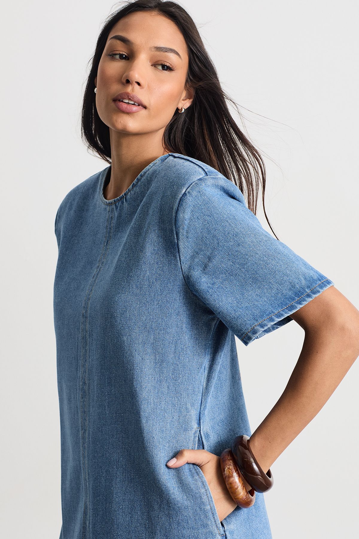 Warehouse Denim Side Split Midi Dress Mid Wash image 2