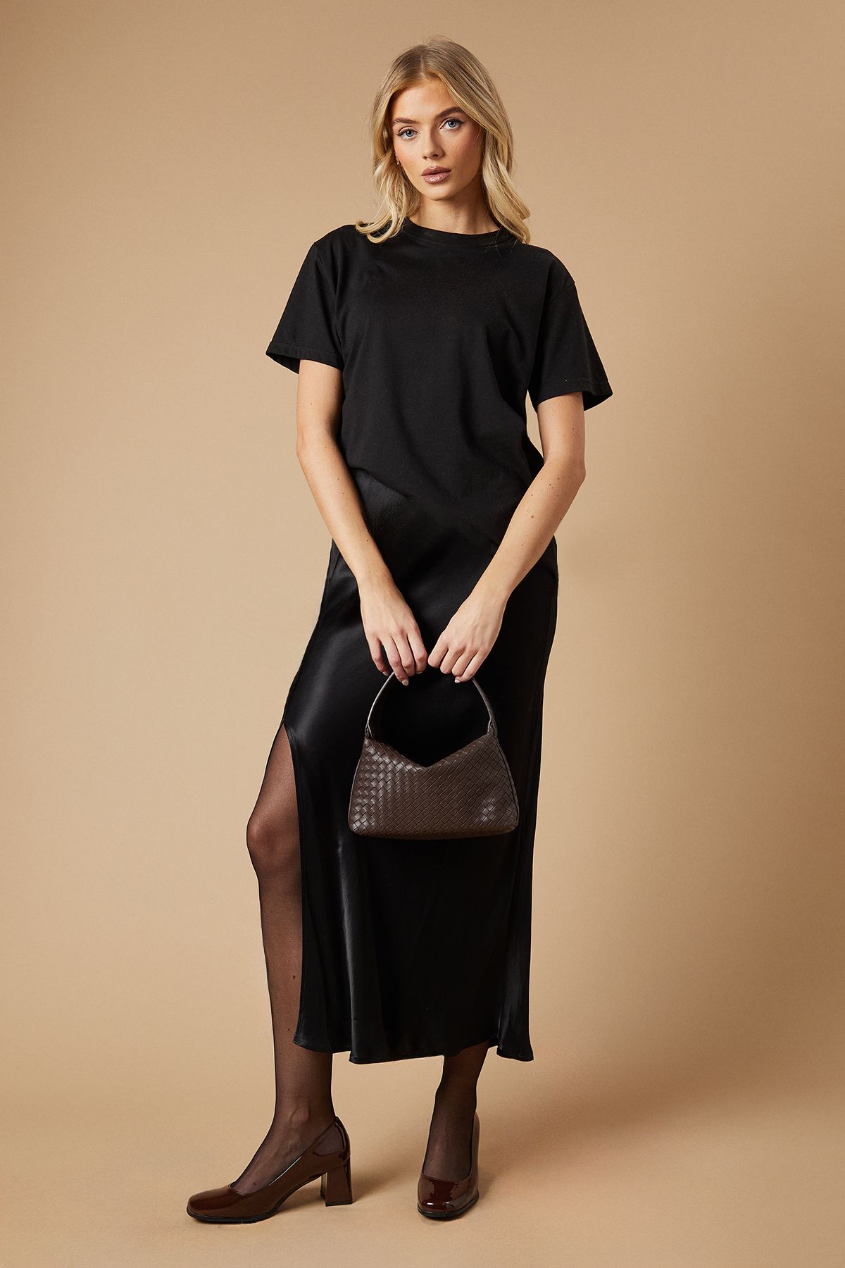 Oasis Vana Flared High Block Heel Square Toe Shoes Chocolate image 1