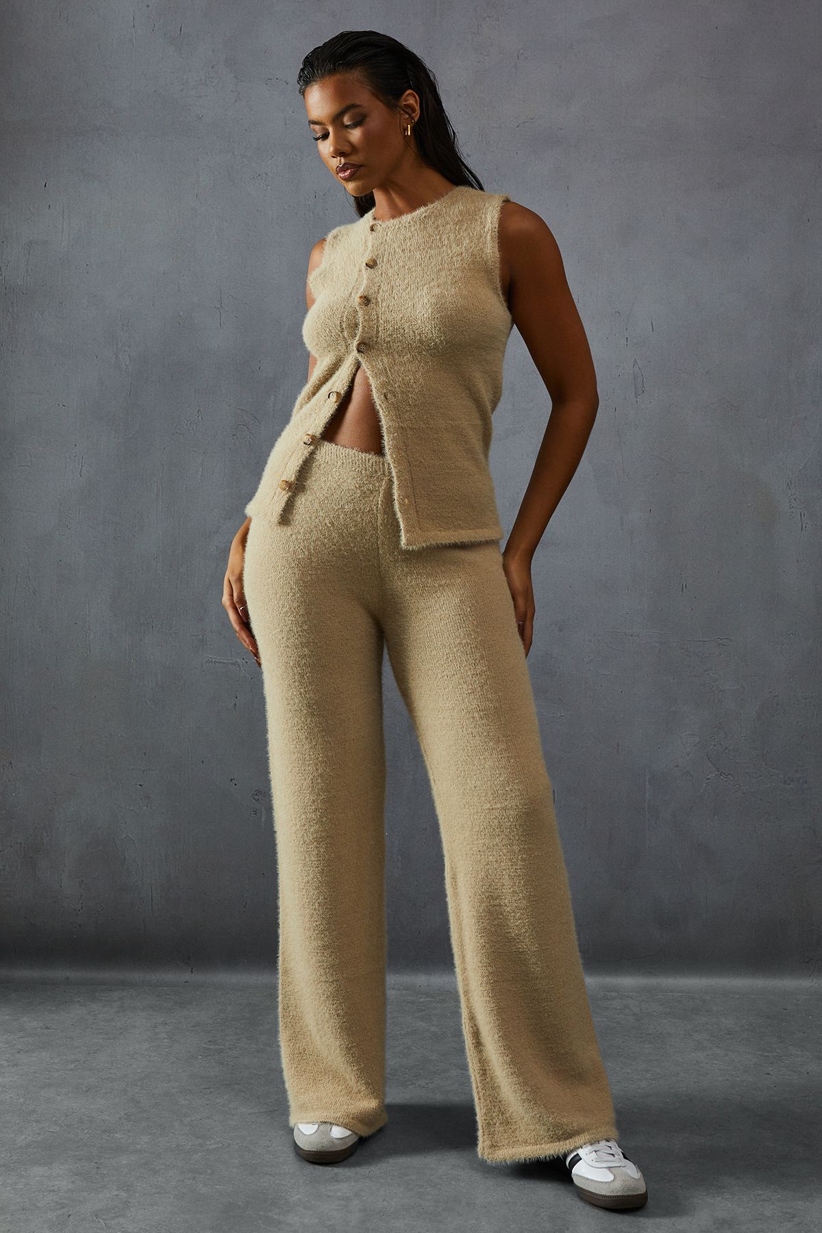 MissPap Eyelash Knit High Waisted Lounge Trouser Taupe image 1