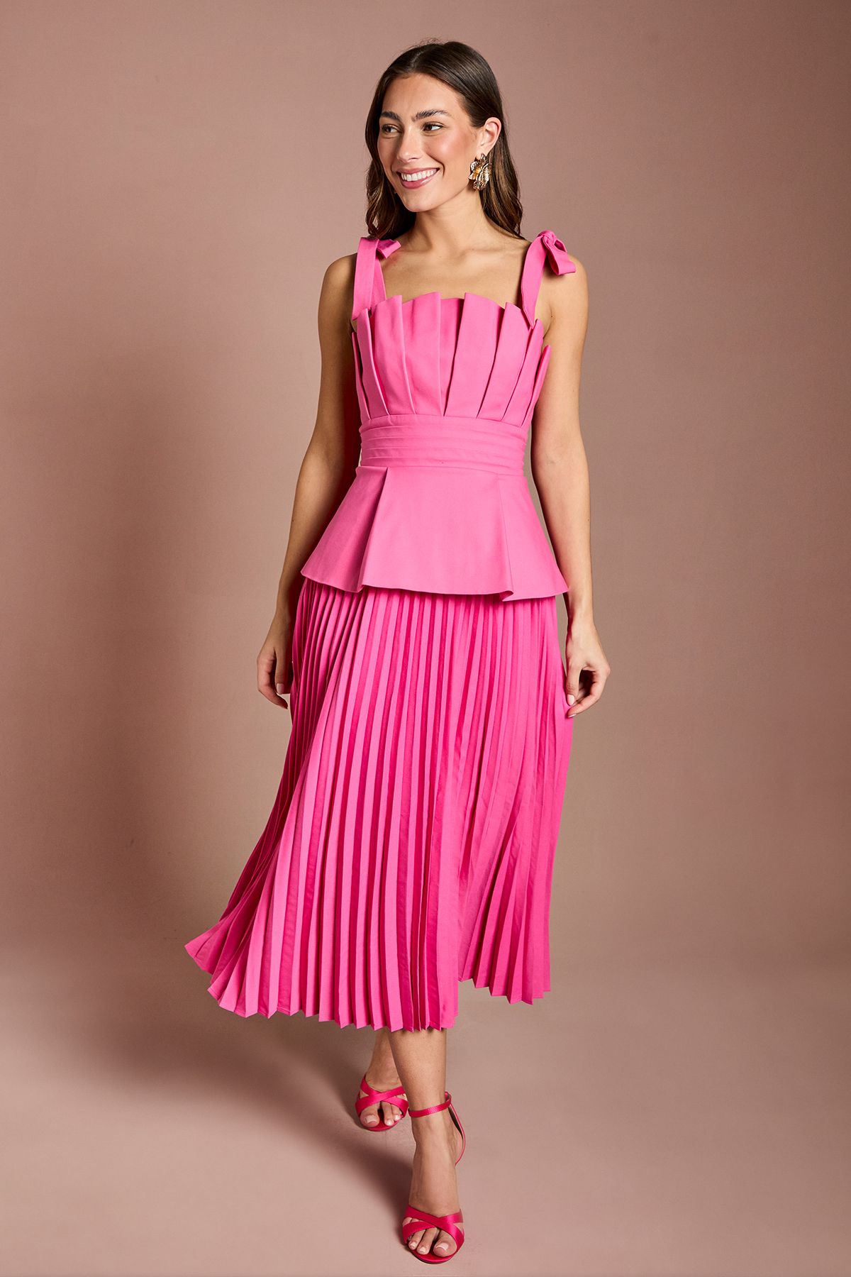 Coast Pleat Bodice Bow Shoulder Peplum Midi Dress Pink