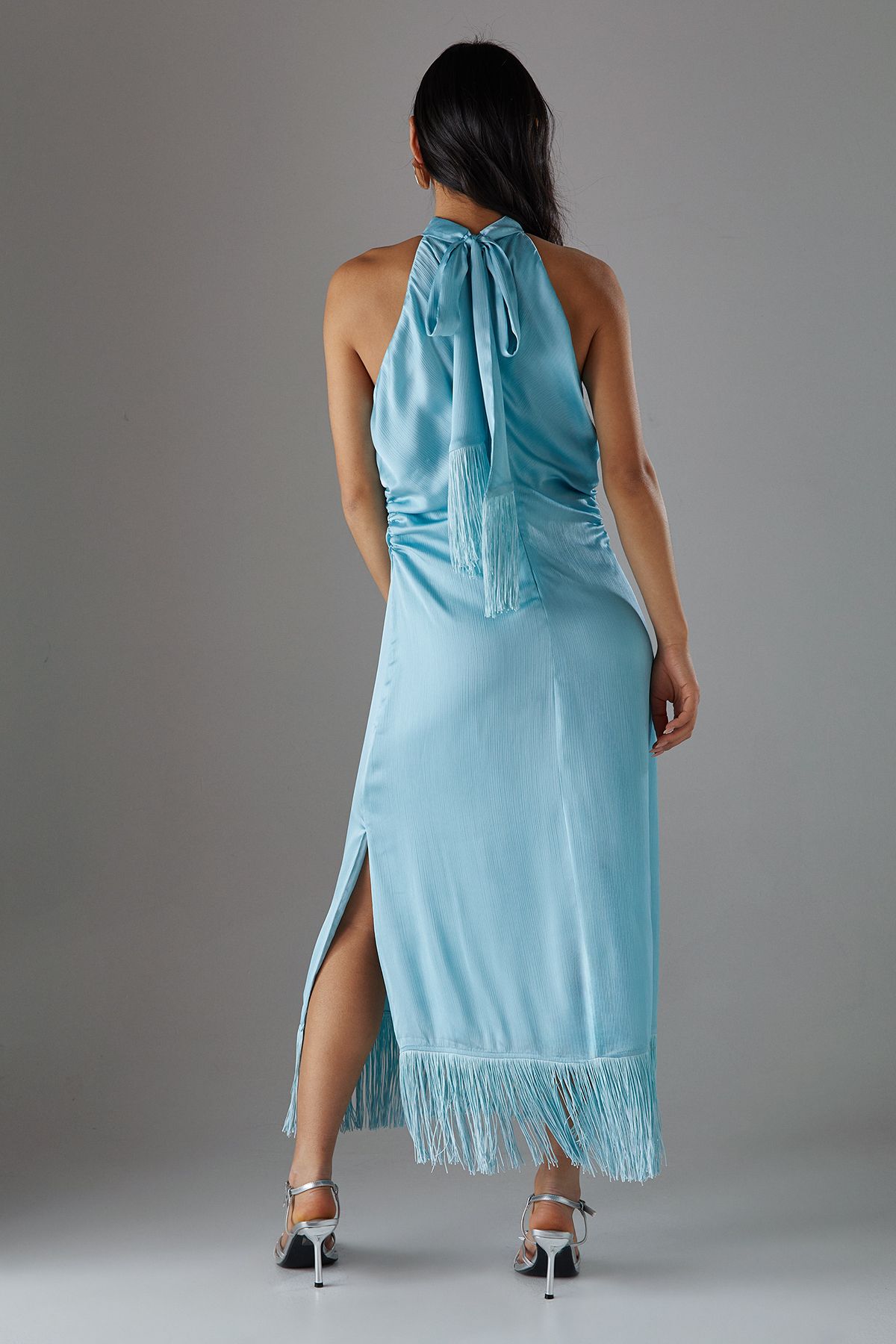 Warehouse Blue Petite Crinkle Satin Halter Fringe Midi Dress PLT