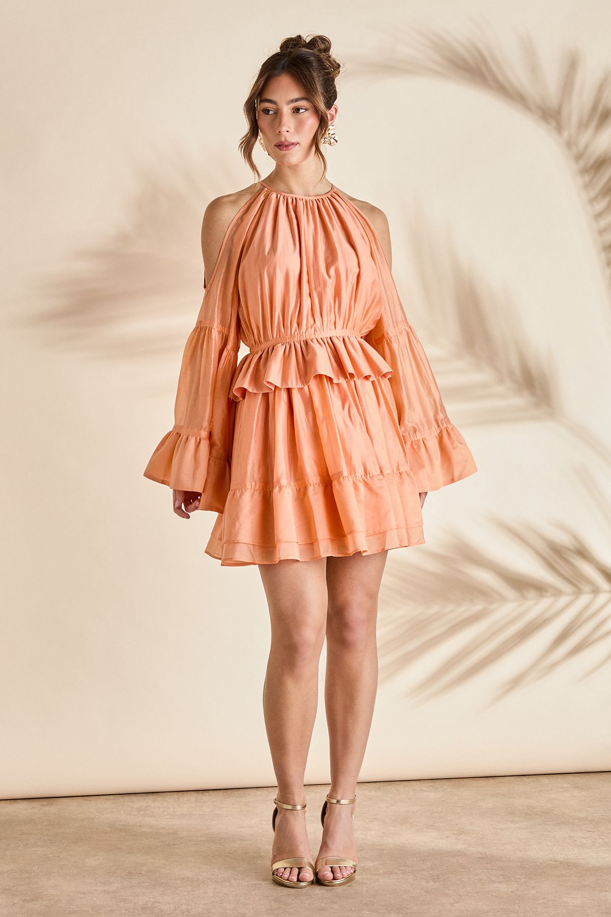 Coast Halter Neck Long Sleeve Organza Mini Holiday Dress Peach image 2