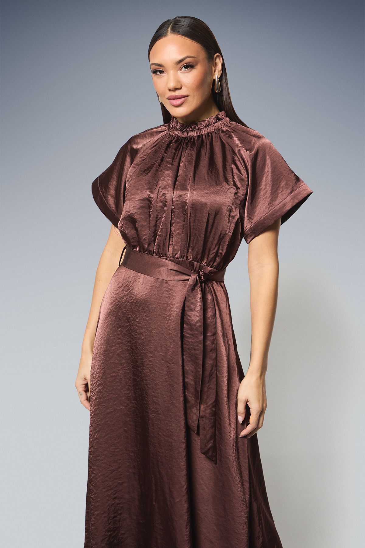 Principles Gathered Neck Flared Skirt Satin Midi Dress Chocolate image 2