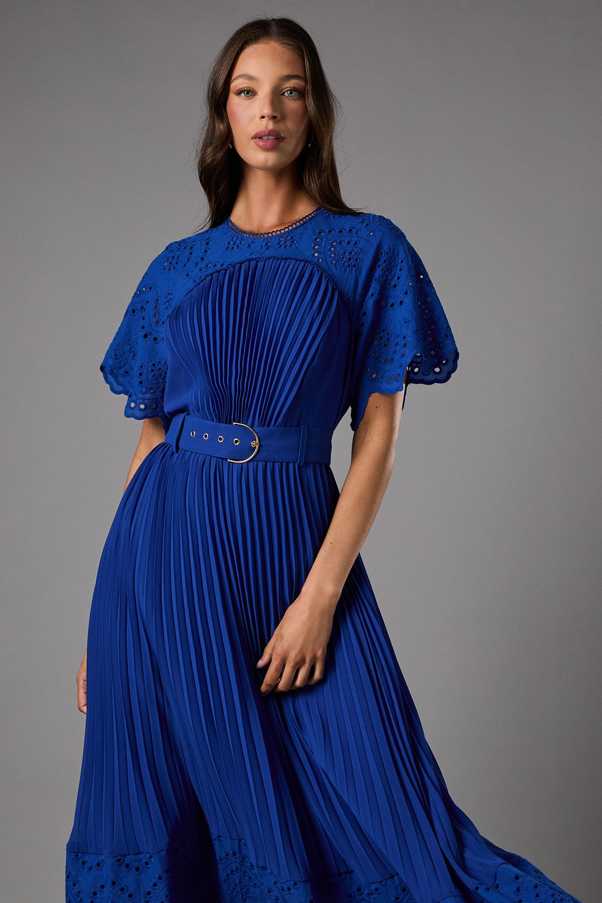 Coast Short Sleeve Pleated Chiffon Midi Dress With Broderie Trim Cobalt image 2