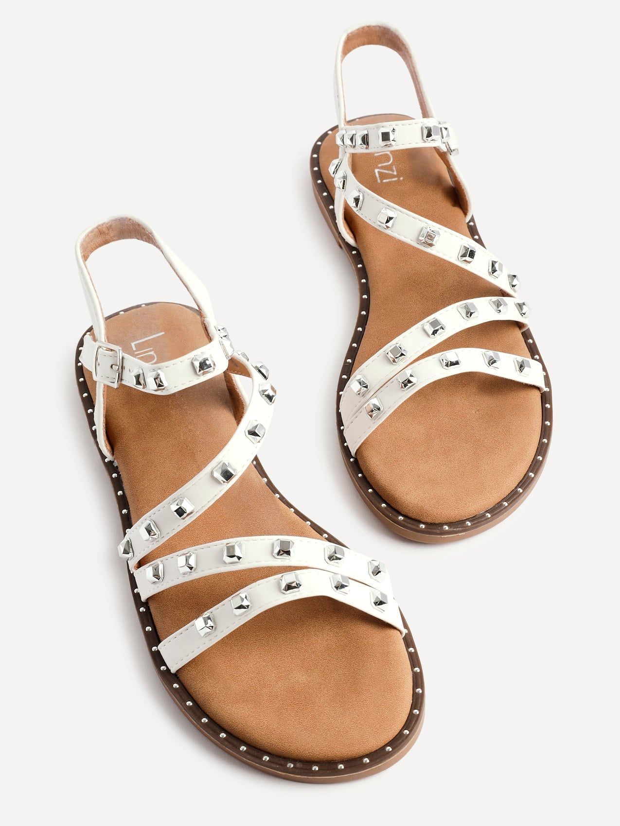 Linzi Destino White Faux Leather Studded Gladiator Style Flat Sandal image 4