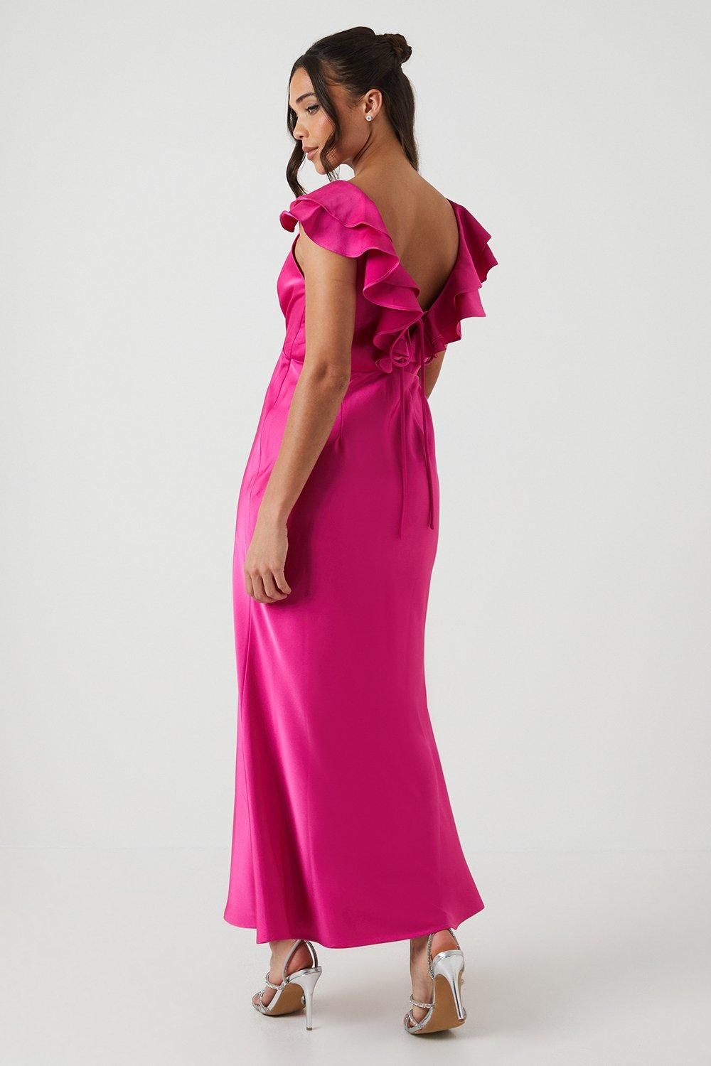 Oasis Petite Ruffle Neckline Satin Maxi Bridesmaid Dress Bright Pink image 3