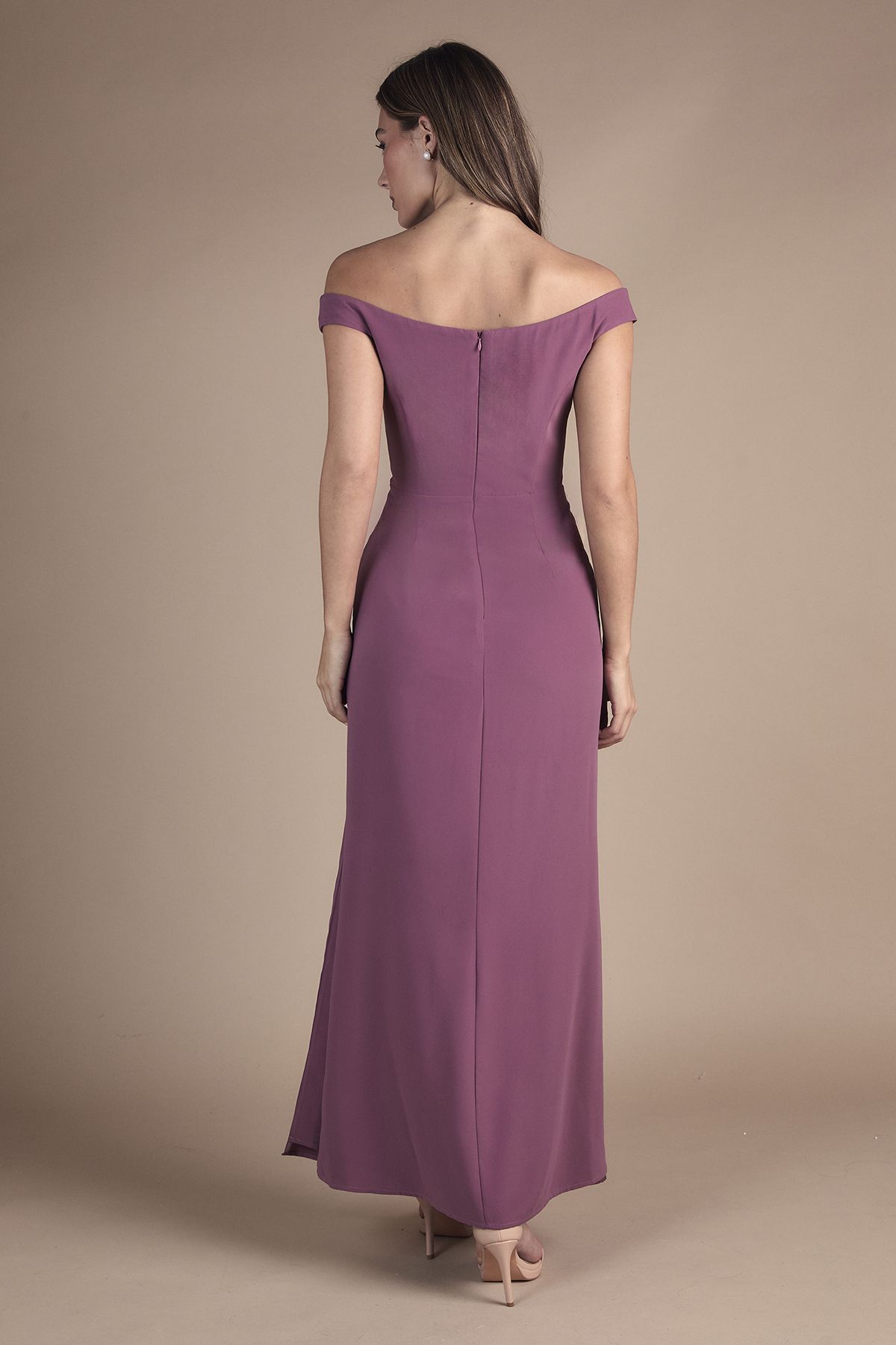 Coast Crepe Bardot Ruched Maxi Bridesmaid Dress Dark Mauve image 3