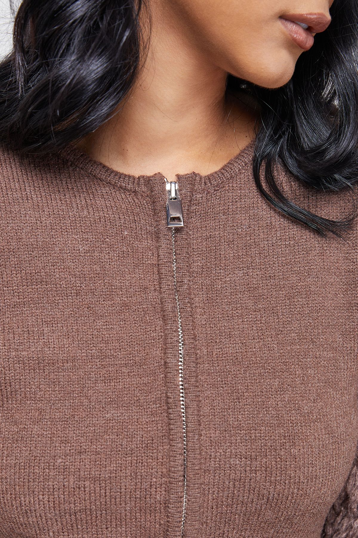 Warehouse Zip Up Fluffy Sleeve Cardigan Khaki image 5