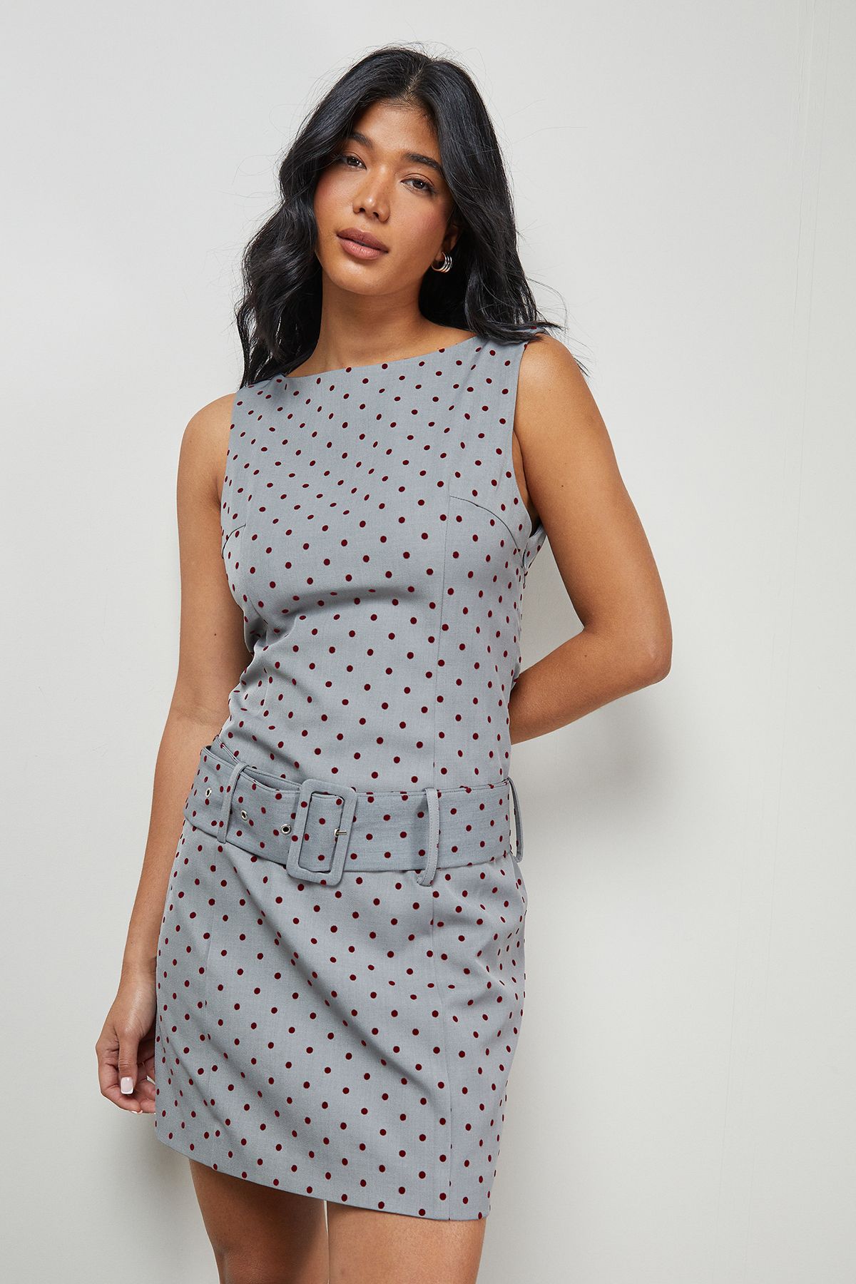 Warehouse Flock Spot Self Belt Mini Dress Grey image 1