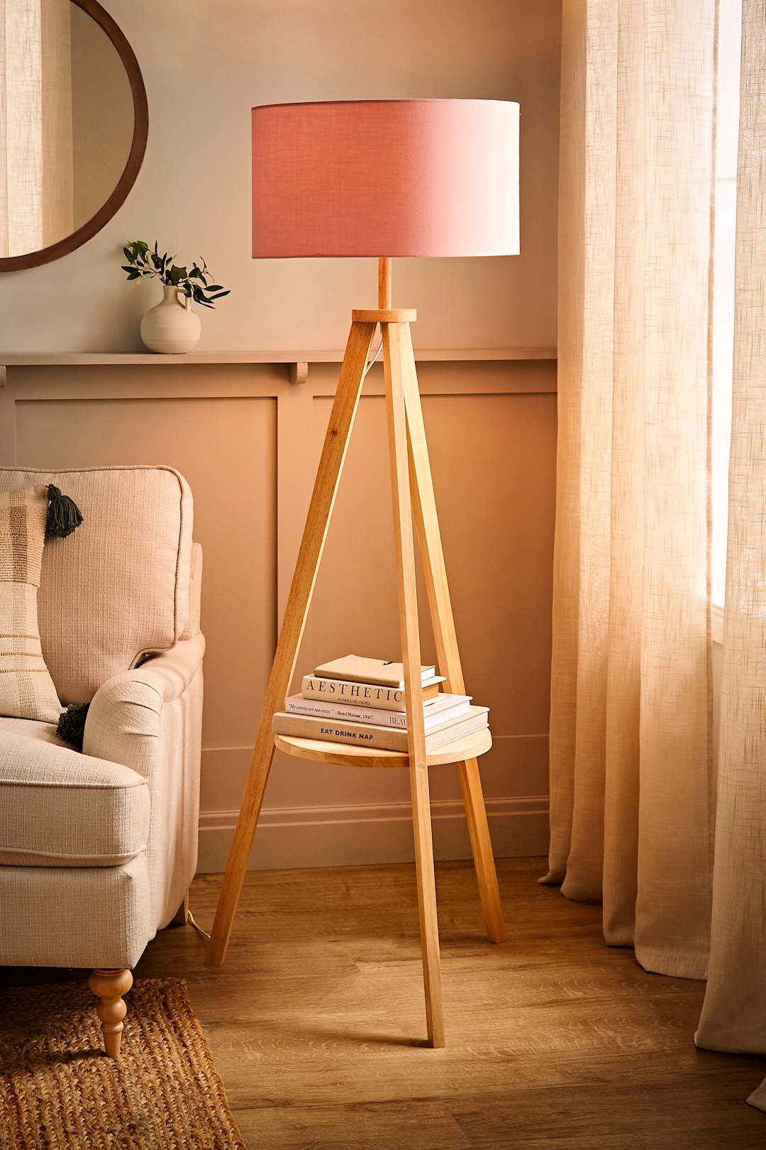 ValueLights Morrigan Natural Wood Tripod Floor Lamp with Fabric Drum Lamp Shade image 2