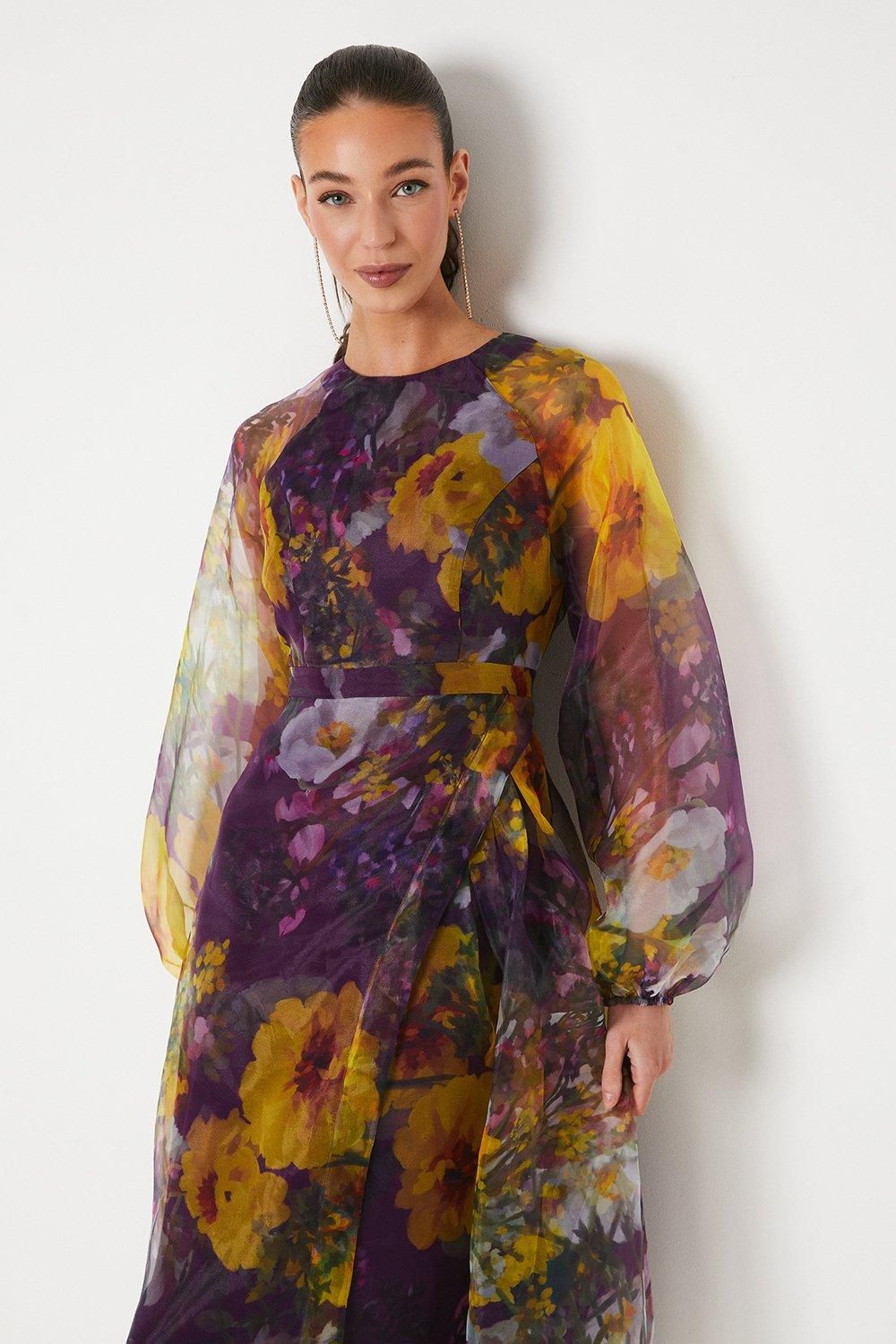 Coast Organza Wrap Waist Puff Sleeve Midi Dress Purple image 2