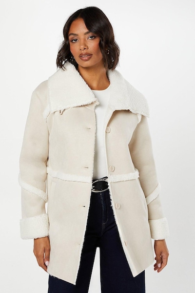 Dorothy Perkins Suede Shearling Longline Coat Mink