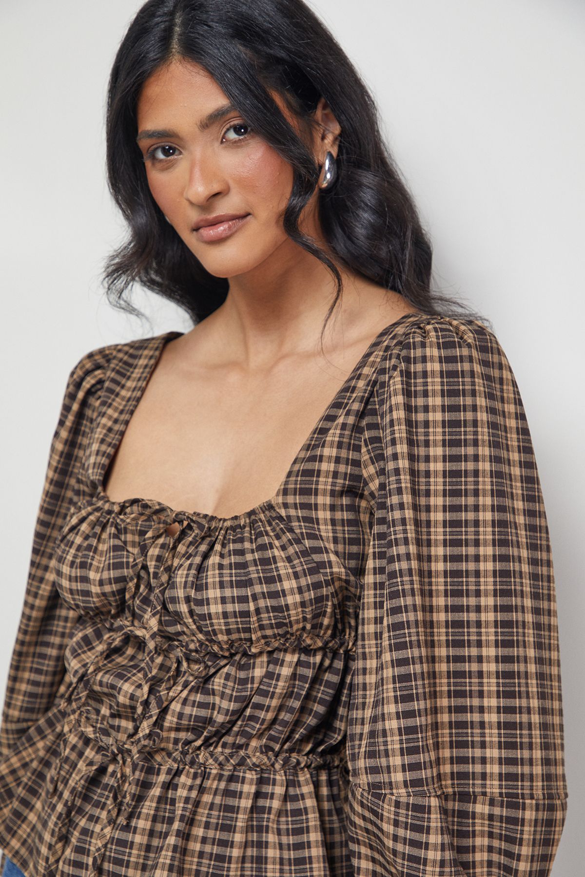 Warehouse Check Tie Front Square Neck Blouse Brown image 4