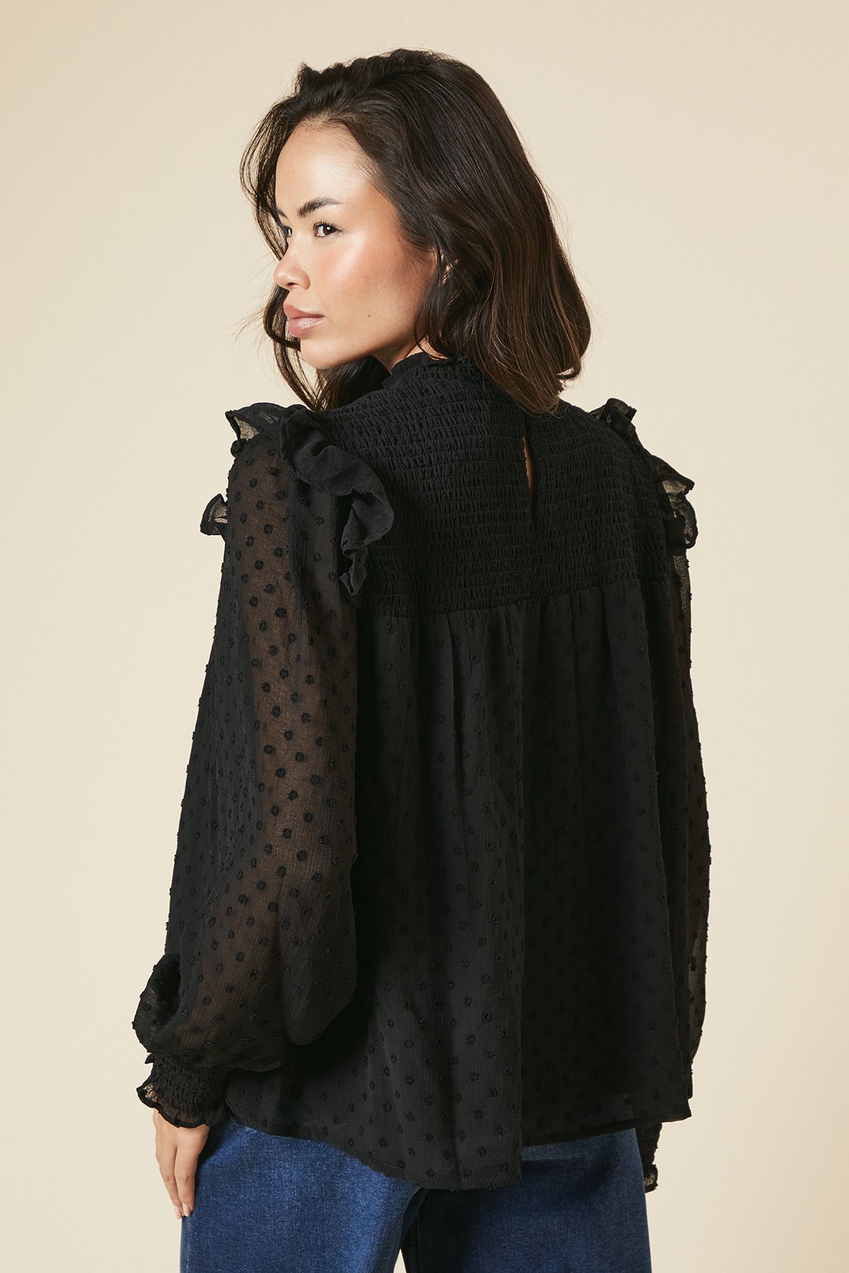 Dorothy Perkins Shirred Yoke Dobby Chiffon Long Sleeve Blouse Black image 3