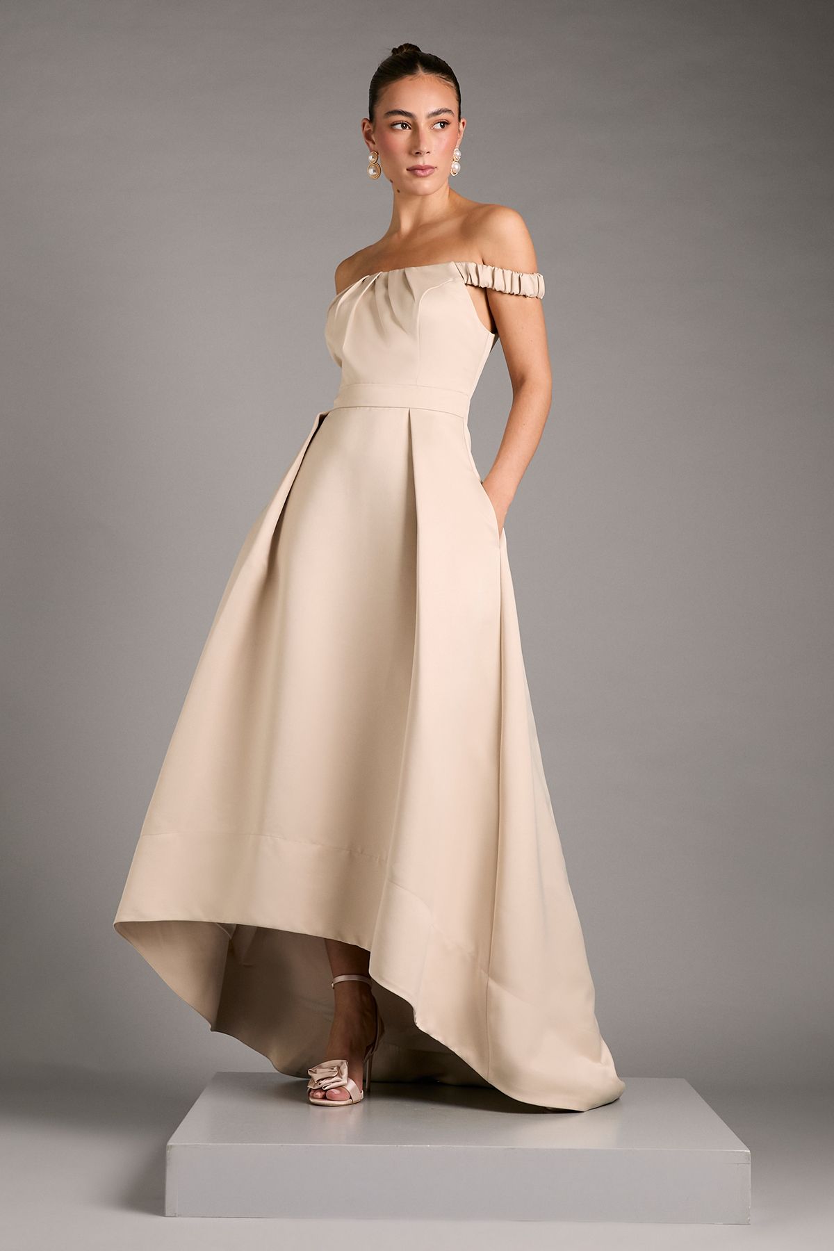 Coast Bardot Fit and Flare Hi Low Hem Maxi Dress Champagne image 1