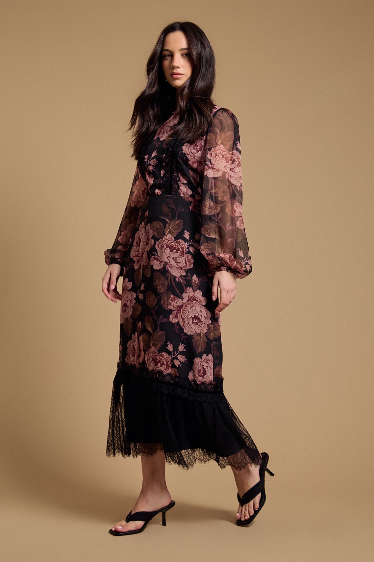 Oasis Yoryu Chiffon Printed High Neck Maxi Dress Black