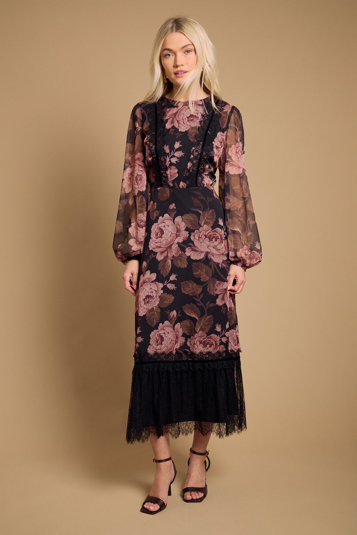 Oasis Yoryu Chiffon Printed High Neck Maxi Dress Black