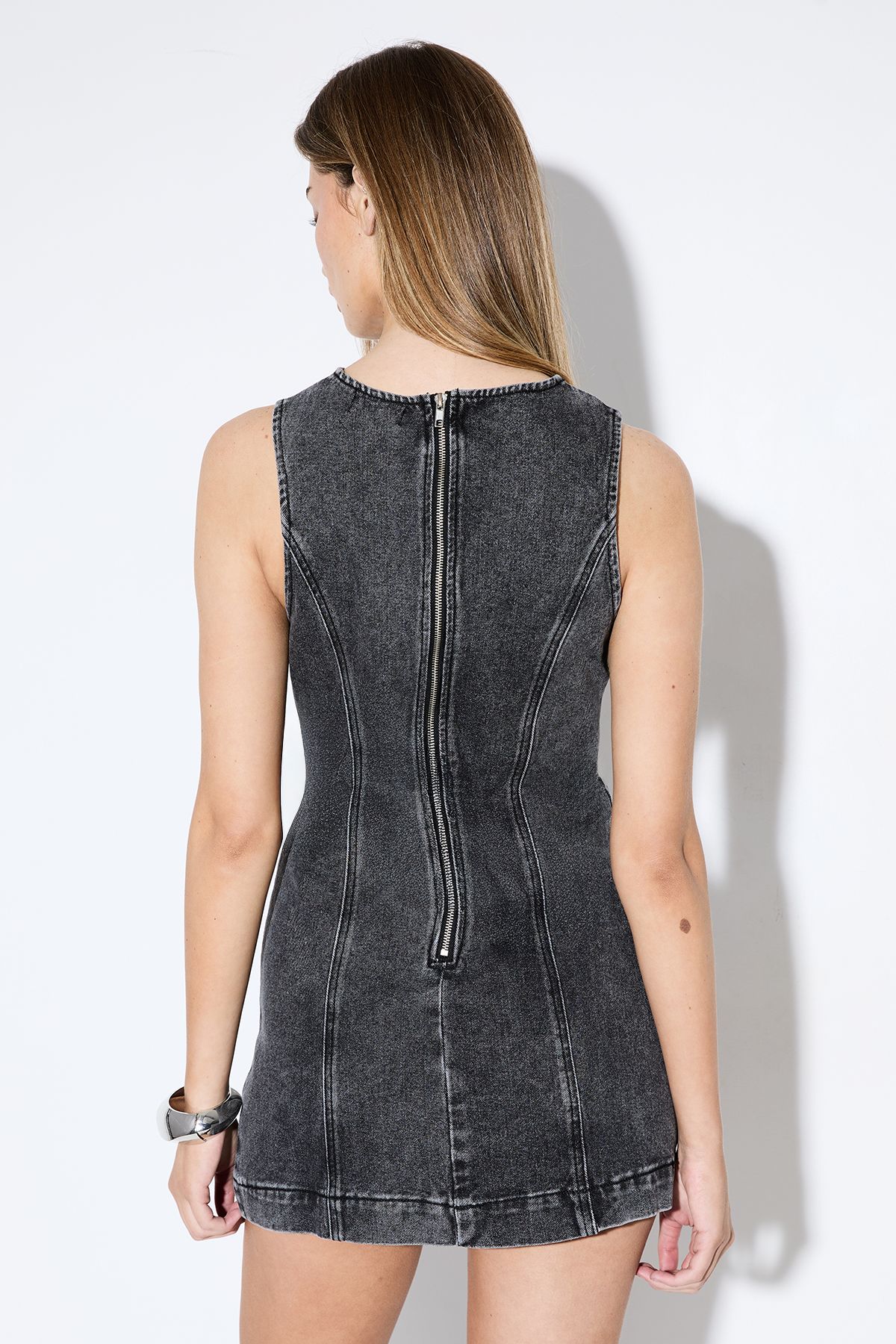 MissPap Denim Sleeveless High Neck Mini Dress Black image 3