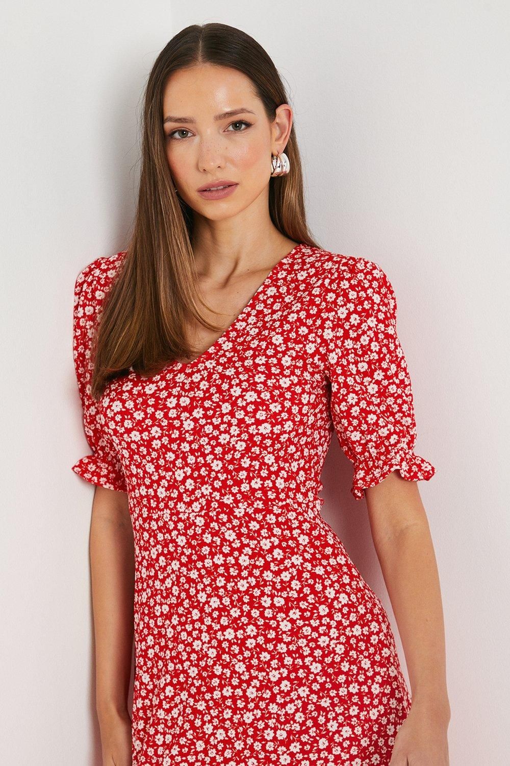 Dorothy Perkins Red Ditsy V Neck Short Sleeve Mini Dress Red image 4