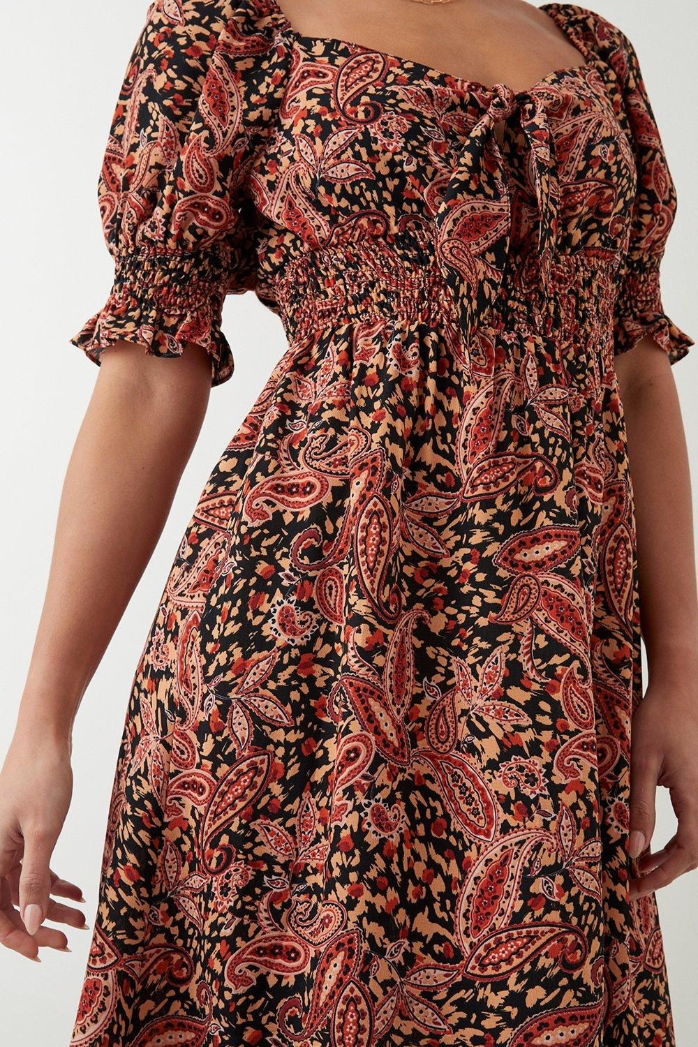 Dorothy Perkins Paisley Tie Front Shirred Midi Dress Multi image 4