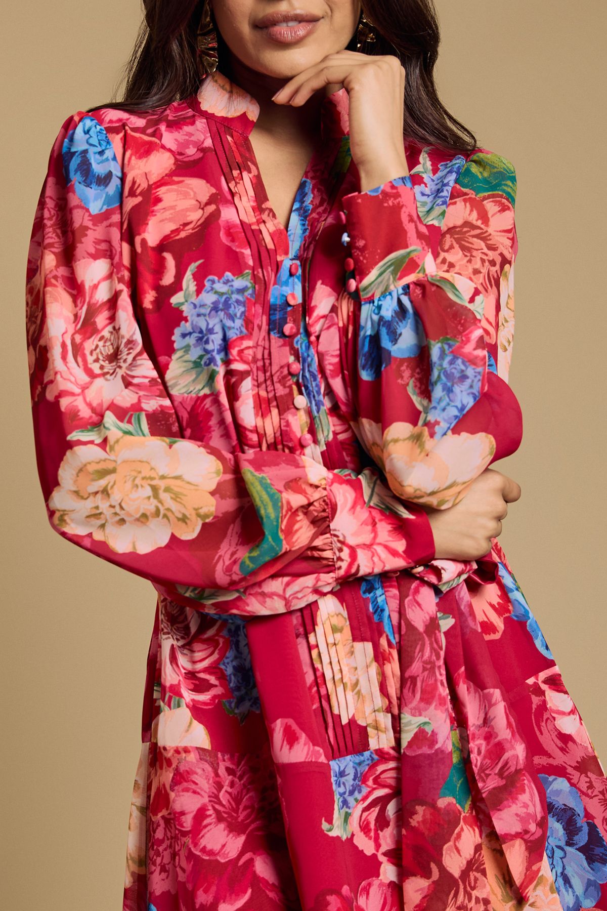 Oasis Petite Printed Chiffon Button Up Belted Waist Mini Dress Red image 5