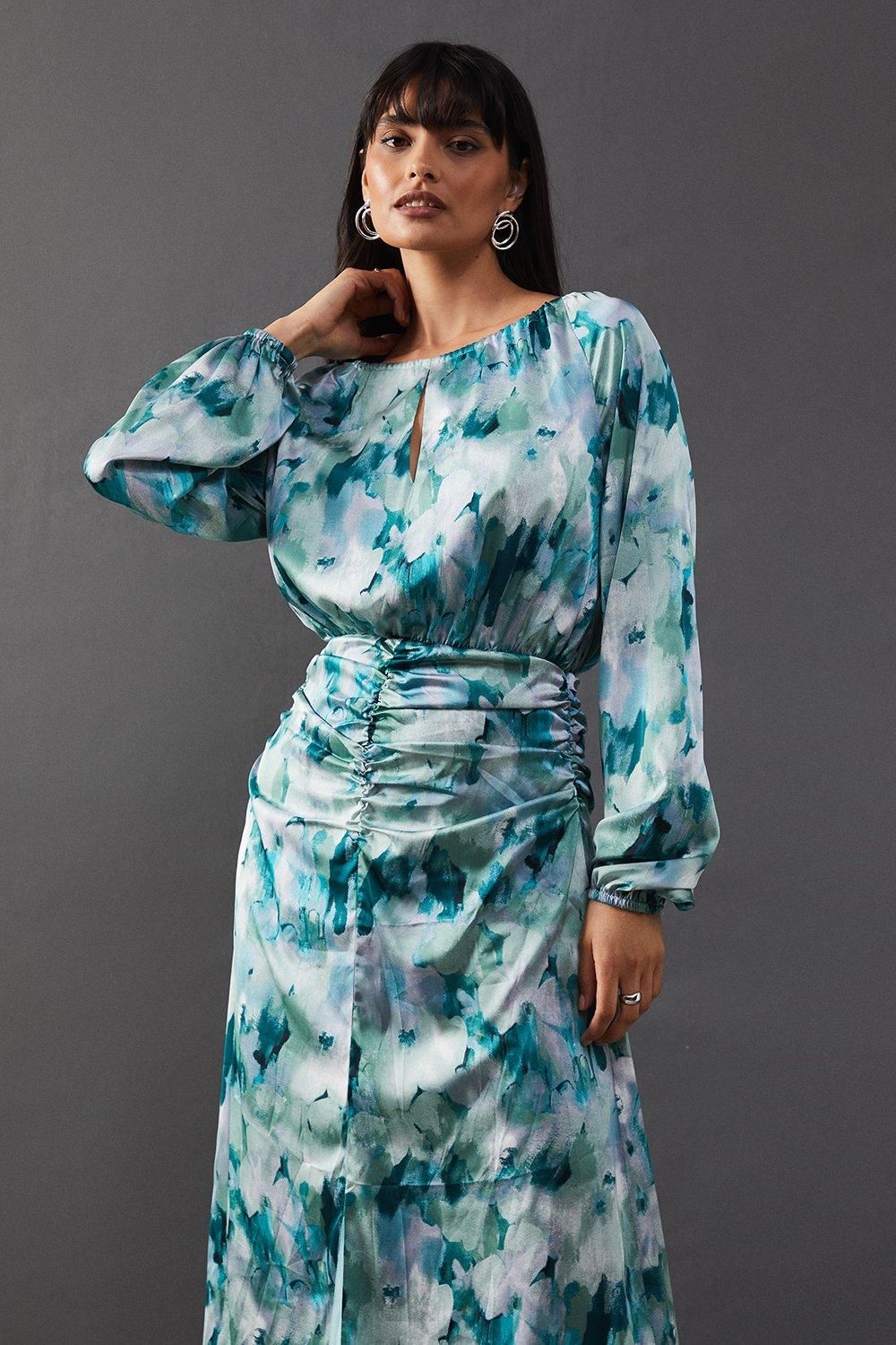 Warehouse Print Satin Ruched Front Midi Dress Green image 2