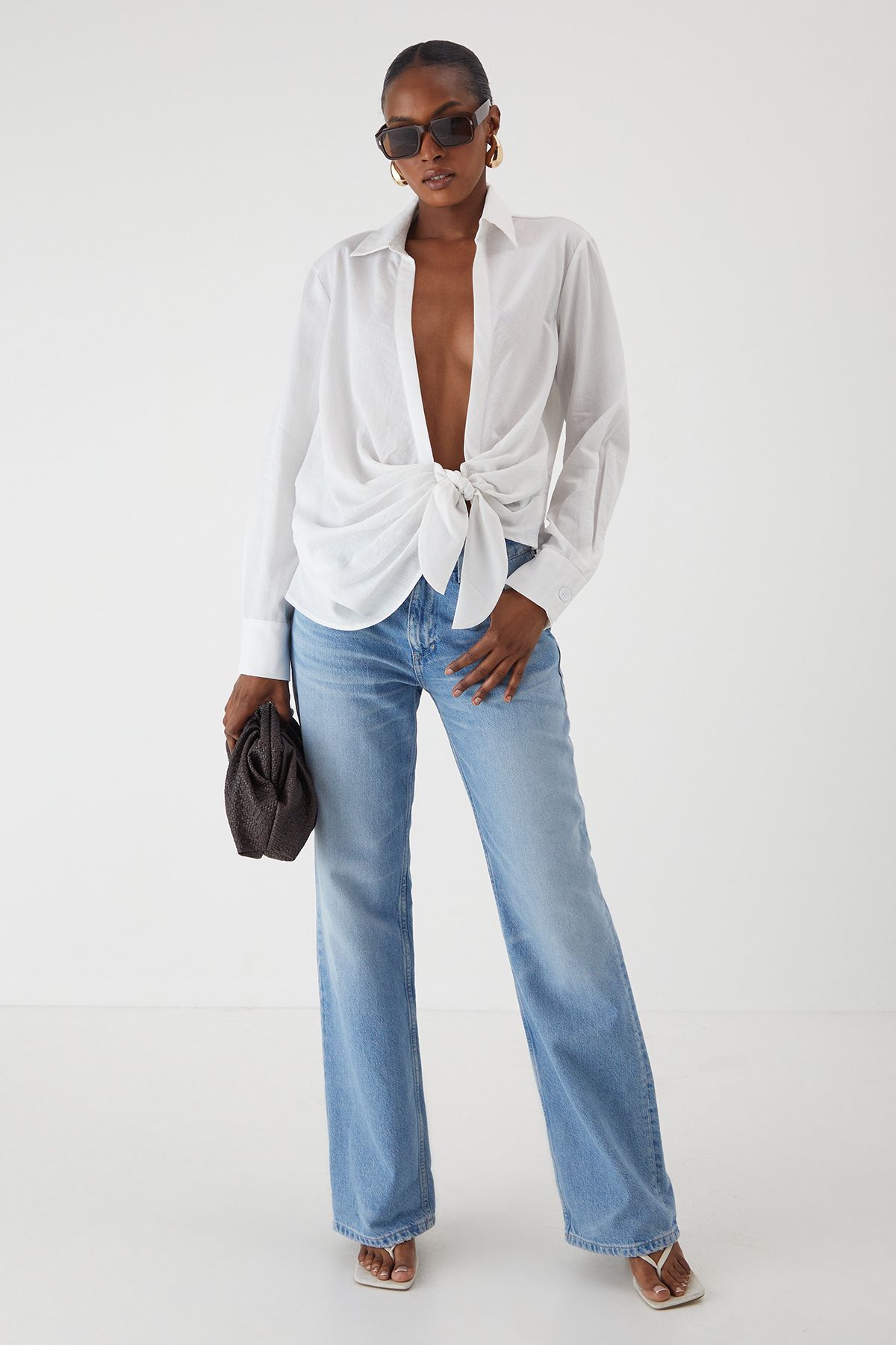 MissPap Linen Look Tie Side Oversized Shirt White image 2