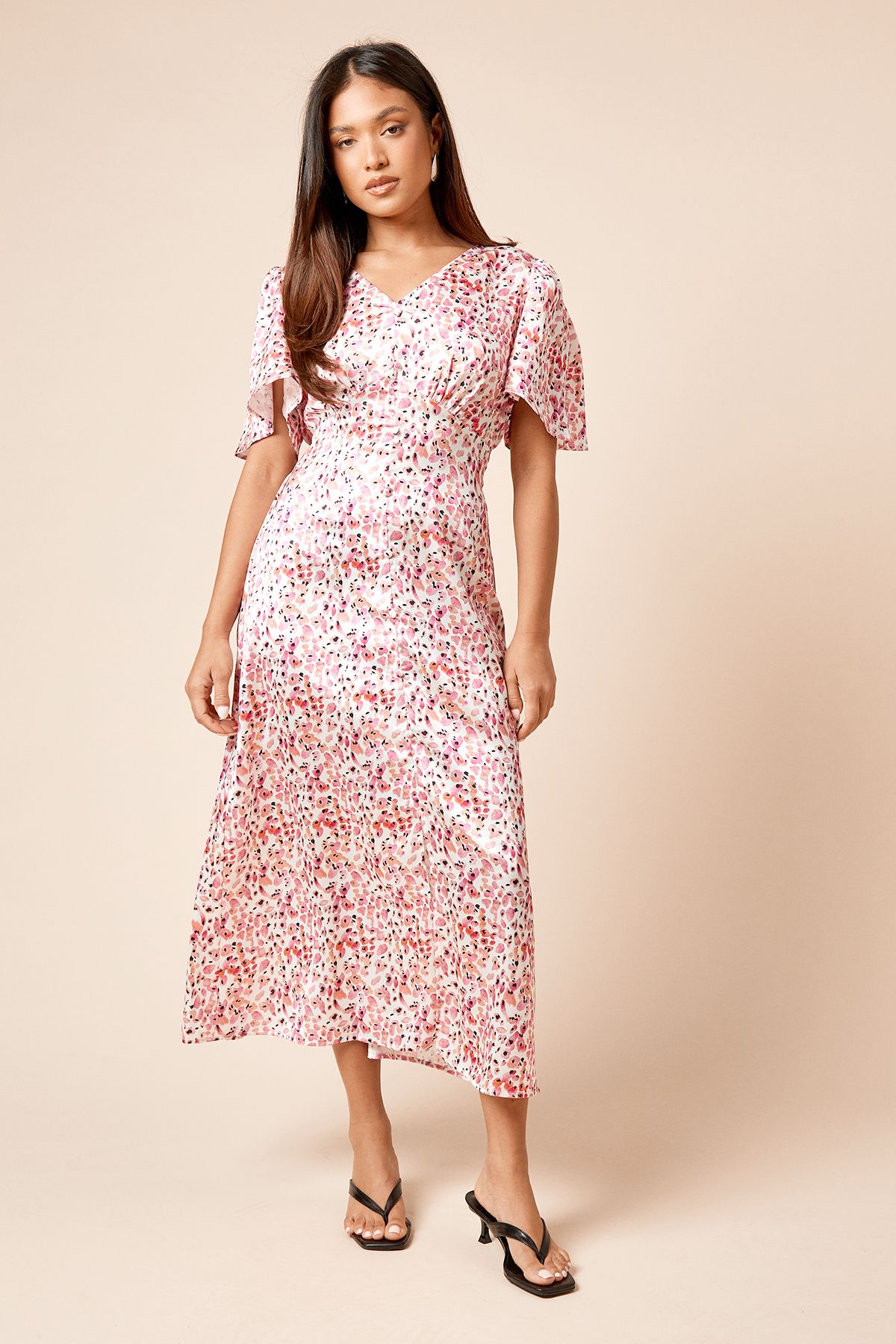 Dorothy Perkins Petite V Neck Angel Sleeve Midi Dress Pink image 1