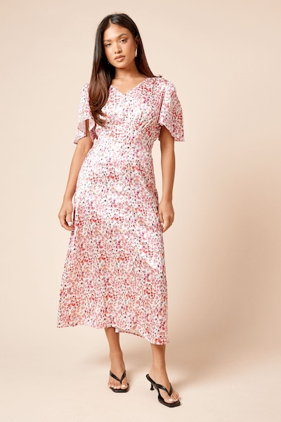 Dorothy Perkins Petite V Neck Angel Sleeve Midi Dress Pink