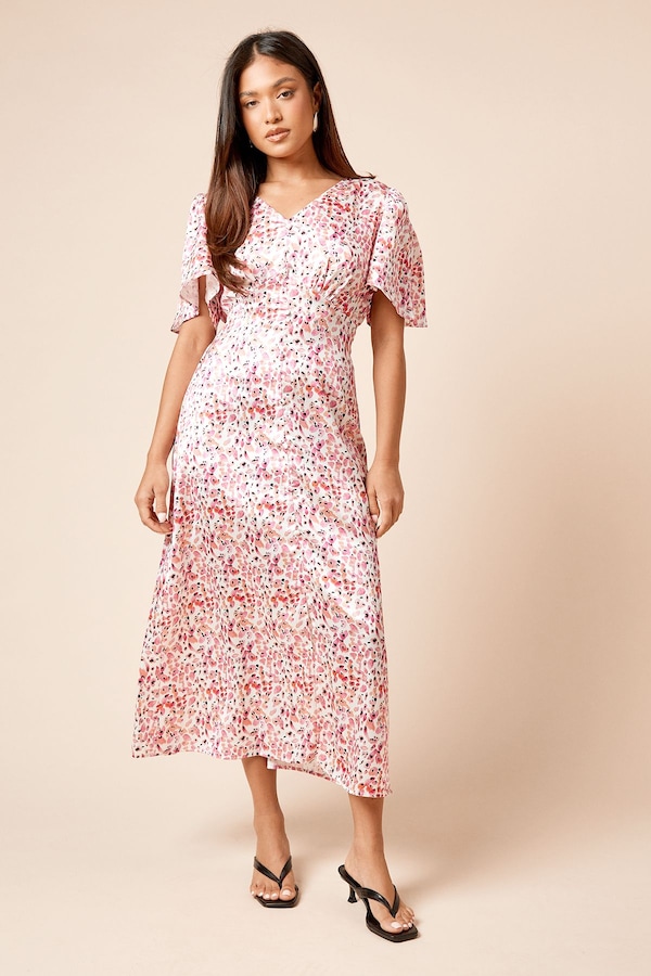 Dorothy Perkins Petite V Neck Angel Sleeve Midi Dress Pink