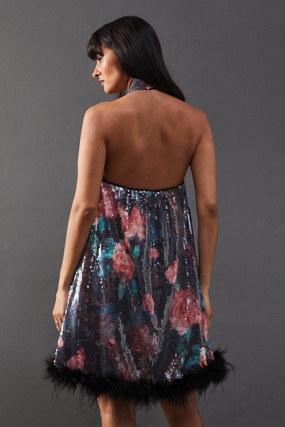 Warehouse Print Sequin Halter Feather Hem Mini Dress Black image 3