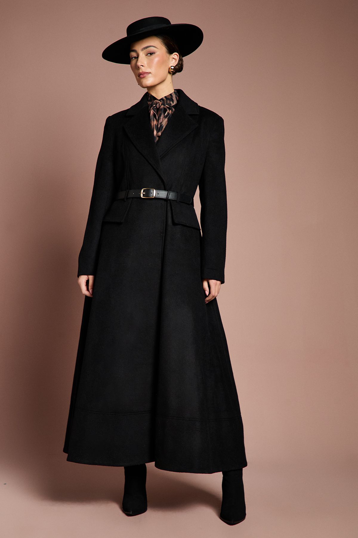 Coast Lisa Tan Occasion Skirt Detail Belted Longline Coat Black