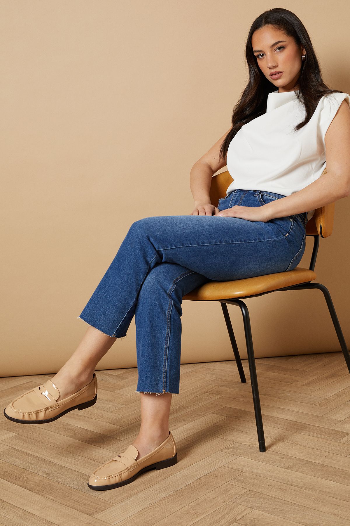 Oasis Baya Faux Patent Leather Penny Detail Loafers Beige image 2