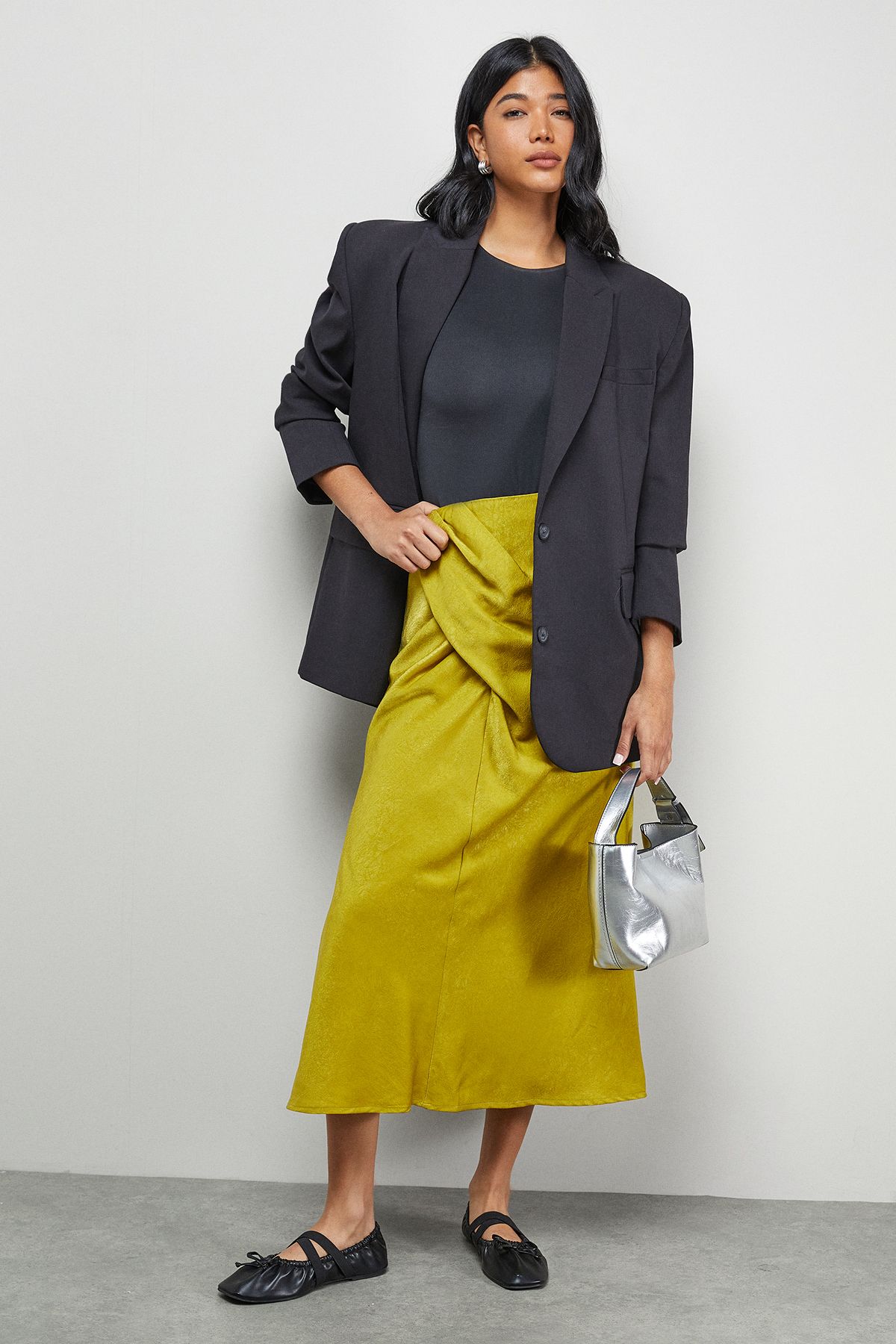 Warehouse Crushed Satin Drape Front Bias Midi Skirt Chartreuse image 2