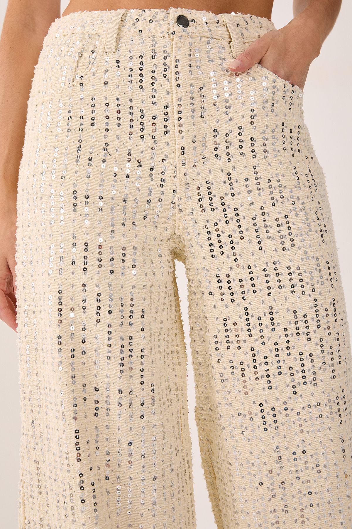 NastyGal Denim Sequin Wide Leg Jeans Ecru image 4