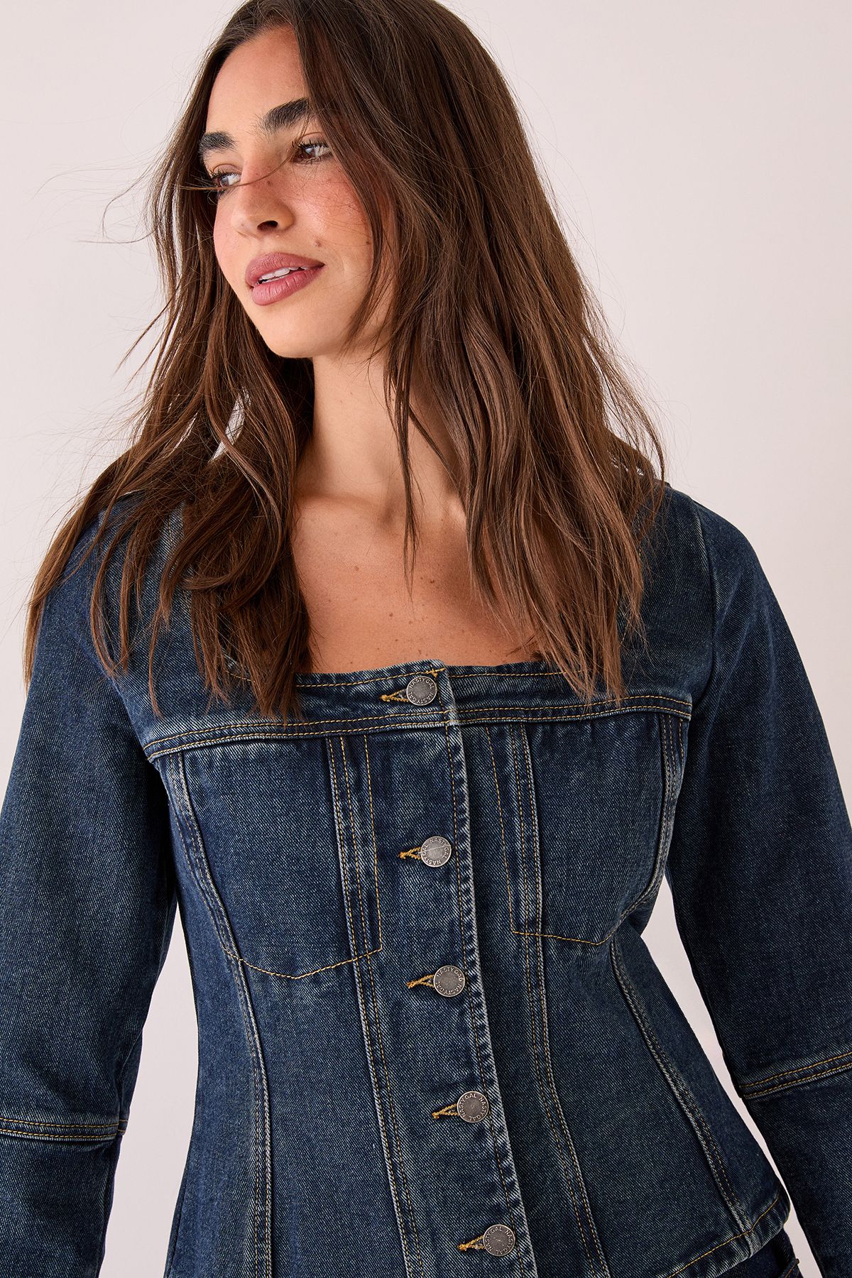 NastyGal Button Through Corset Long Sleeve Denim Top Dark Indigo image 5