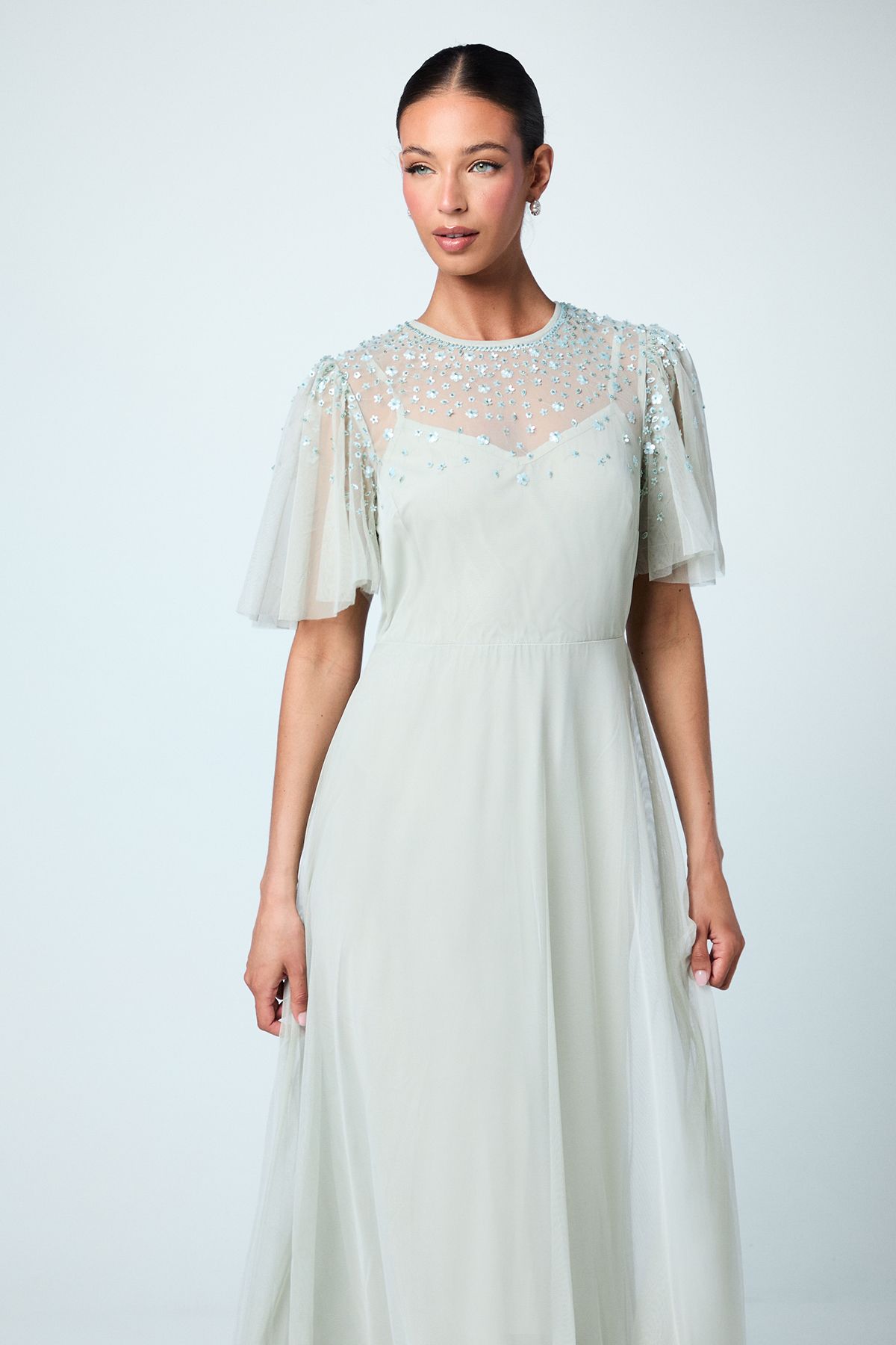 Coast Scattered Floral Embellishment Angel Sleeve Bridesmaid Dress Sage image 2