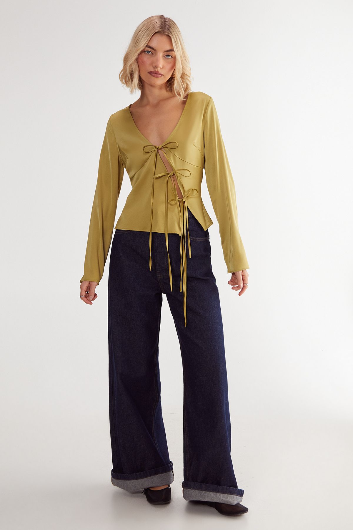 NastyGal Satin Asymmetric Tie Long Sleeve Top Lime image 2