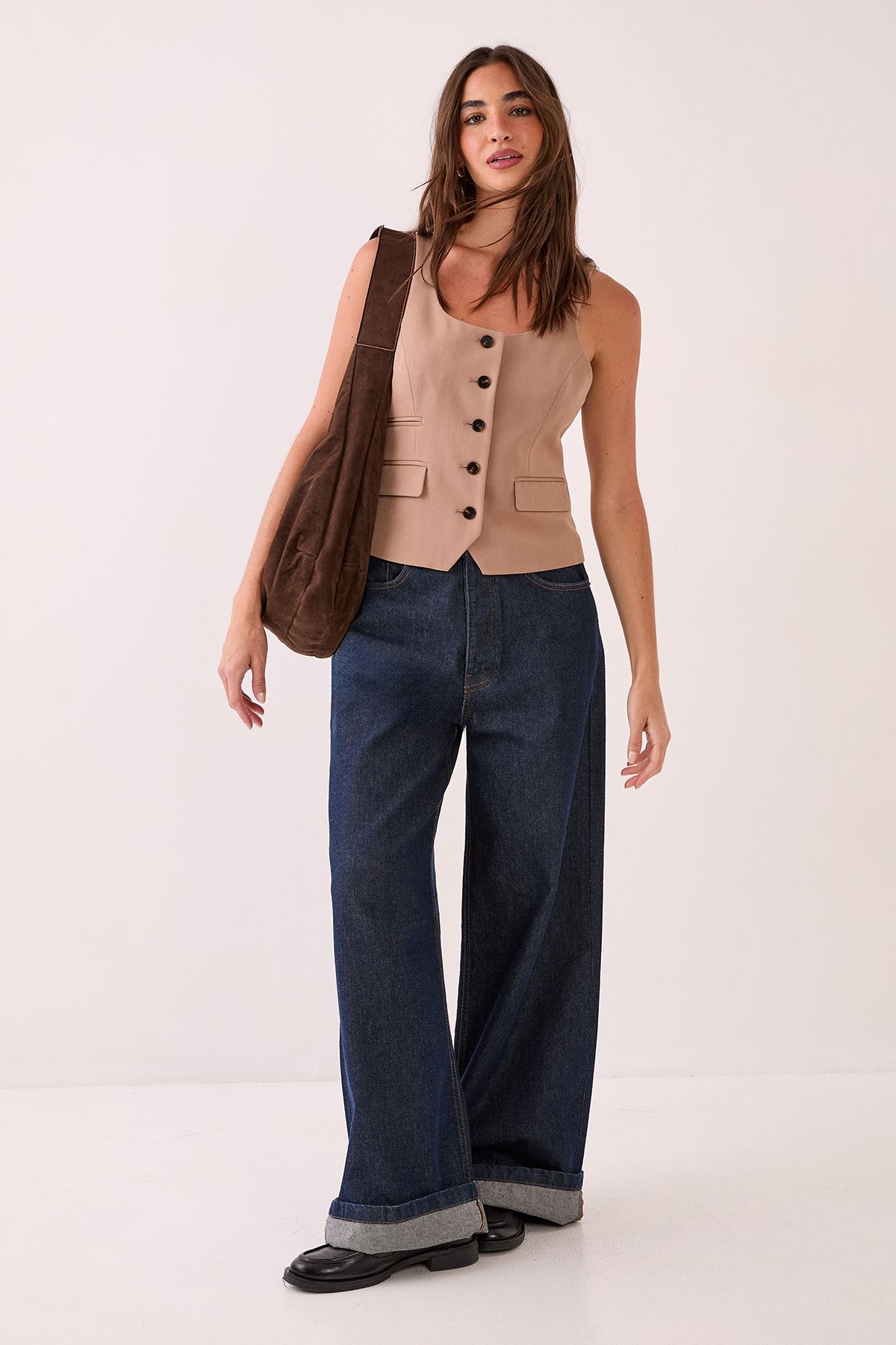 NastyGal Tailored Scoop Neck Button Through Waistcoat Taupe image 2