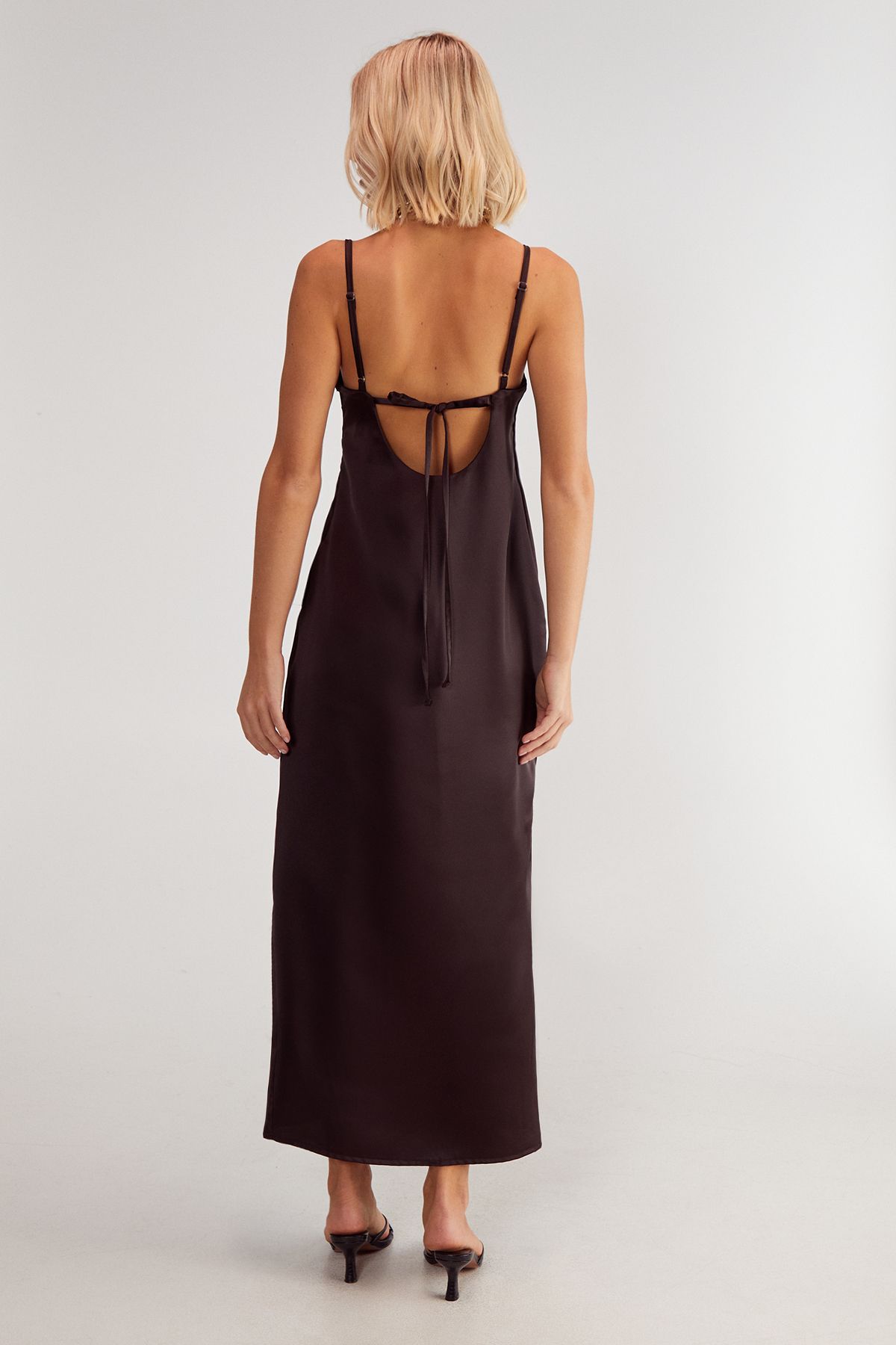 NastyGal Satin Square Neck Maxi Slip Dress Chocolate image 3
