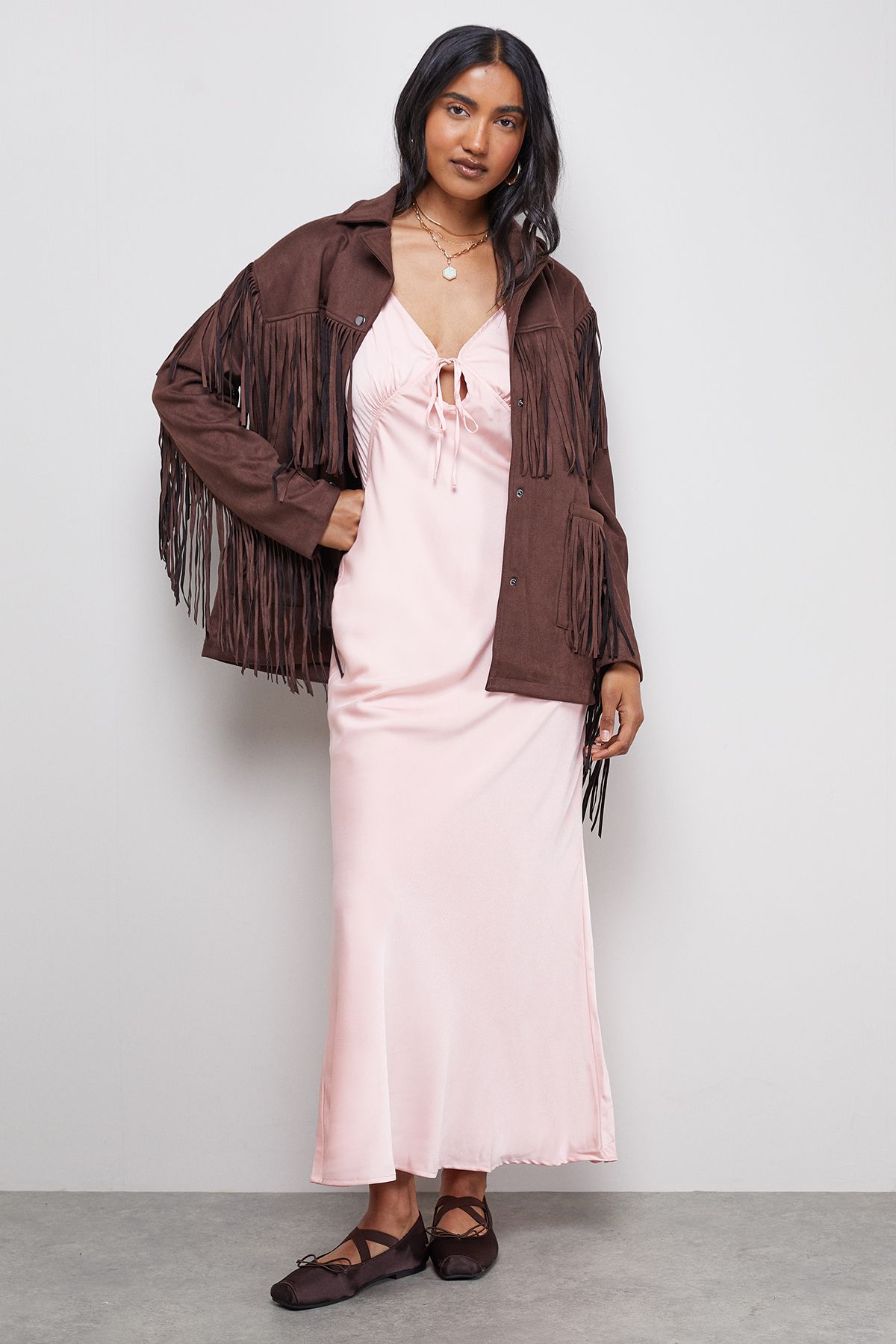 Warehouse Satin Strappy Tie Front Maxi Slip Dress Peach