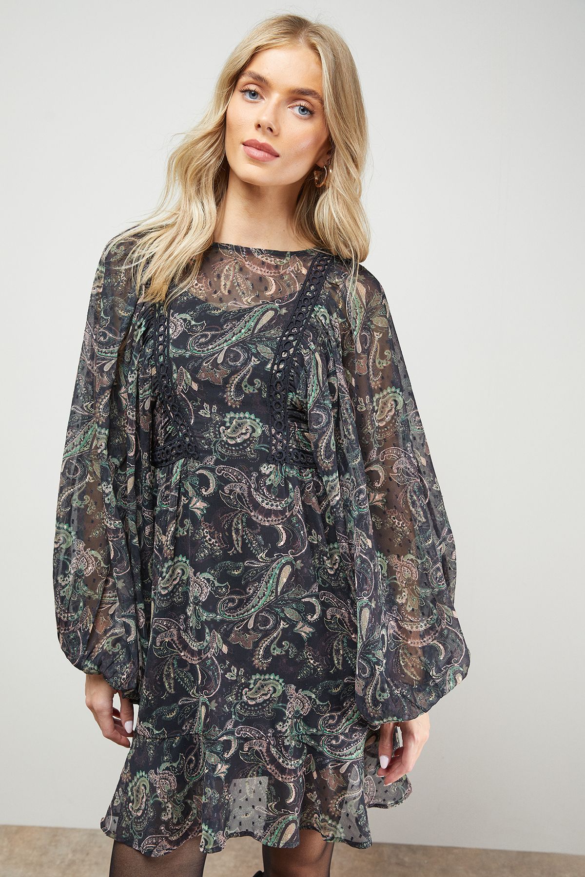 Oasis Printed Trim Detail Batwing Mini Dress Multi image 4