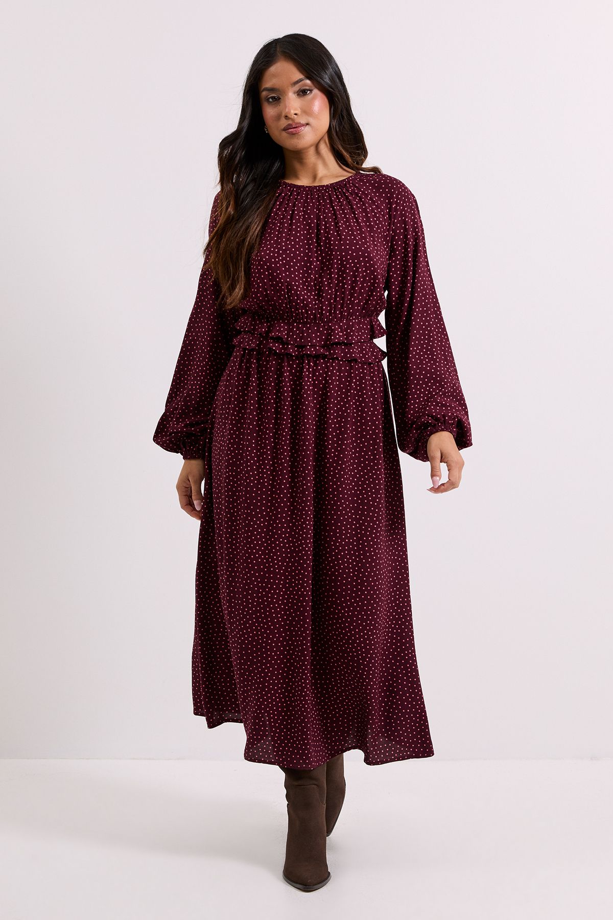 Dorothy Perkins Petite Berry Spot Frill Waist Blouson Sleeve Midi Dress Berry image 1