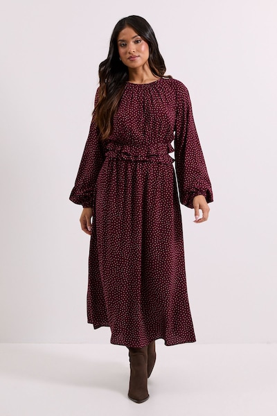 Dorothy Perkins Petite Berry Spot Frill Waist Blouson Sleeve Midi Dress Berry