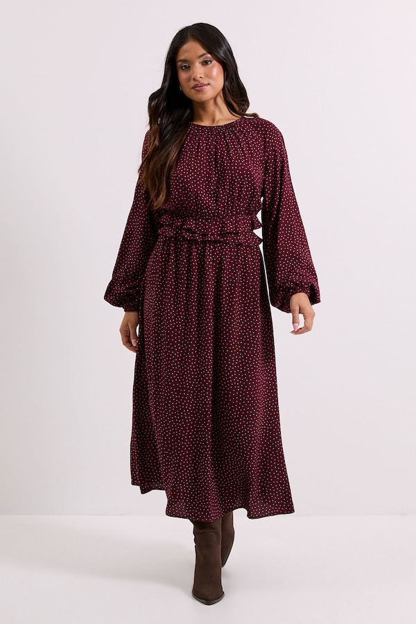 Dorothy Perkins Petite Berry Spot Frill Waist Blouson Sleeve Midi Dress Berry
