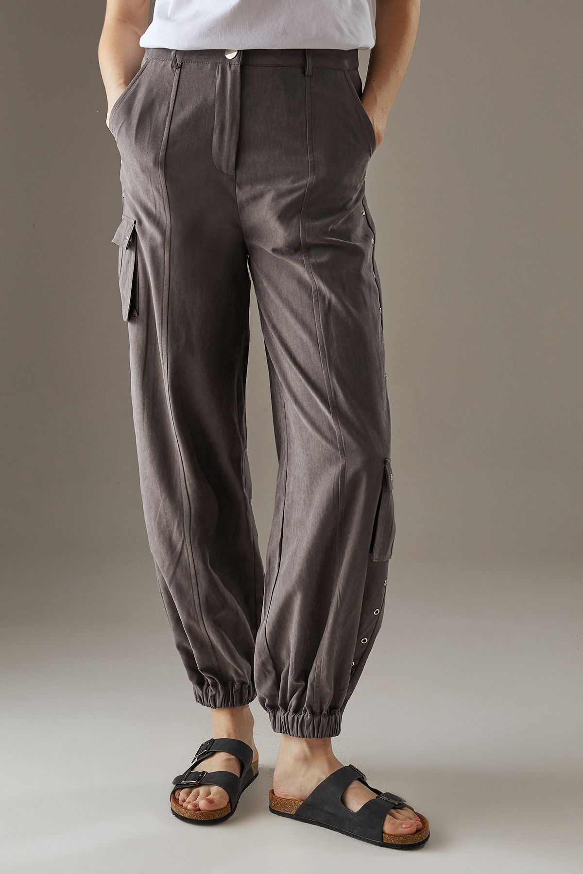 Warehouse Peach Satin Utility Eyelet Detail Cuffed Trousers Dark Grey