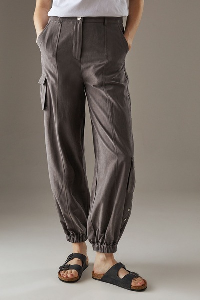 Warehouse Peach Satin Utility Eyelet Detail Cuffed Trousers Dark Grey