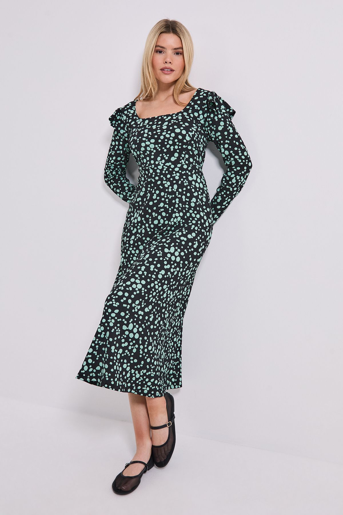 Dorothy Perkins Green Spot Square Neck Ruffle Shoulder Jersey Midi Dress Green image 1