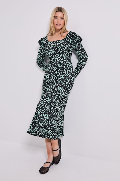 Dorothy Perkins Green Spot Square Neck Ruffle Shoulder Jersey Midi Dress Green