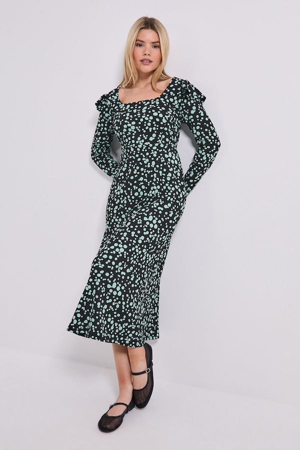 Dorothy Perkins Green Spot Square Neck Ruffle Shoulder Jersey Midi Dress Green